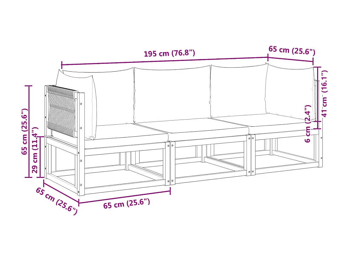 3-tlg. Gartensofa-Set mit Kissen Holz Akazie & Seil