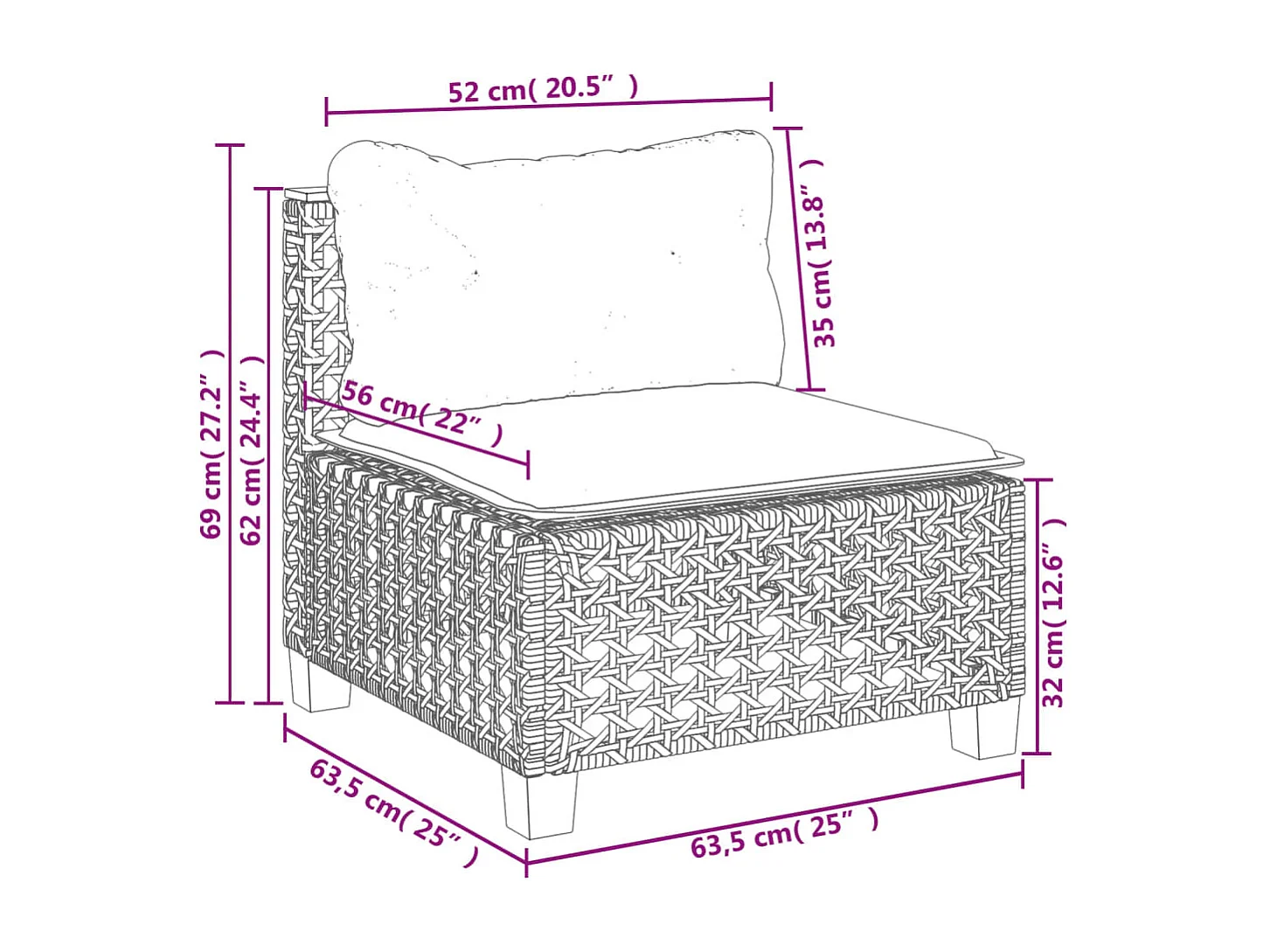 Gartensofa ohne Armlehnen mit Kissen Grau Poly Rattan