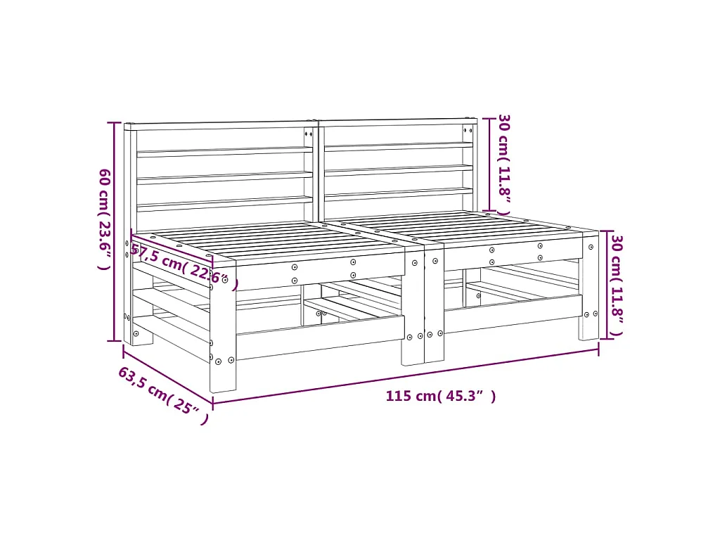 Canapés centraux de jardin 2 pcs blanc bois de pin massif