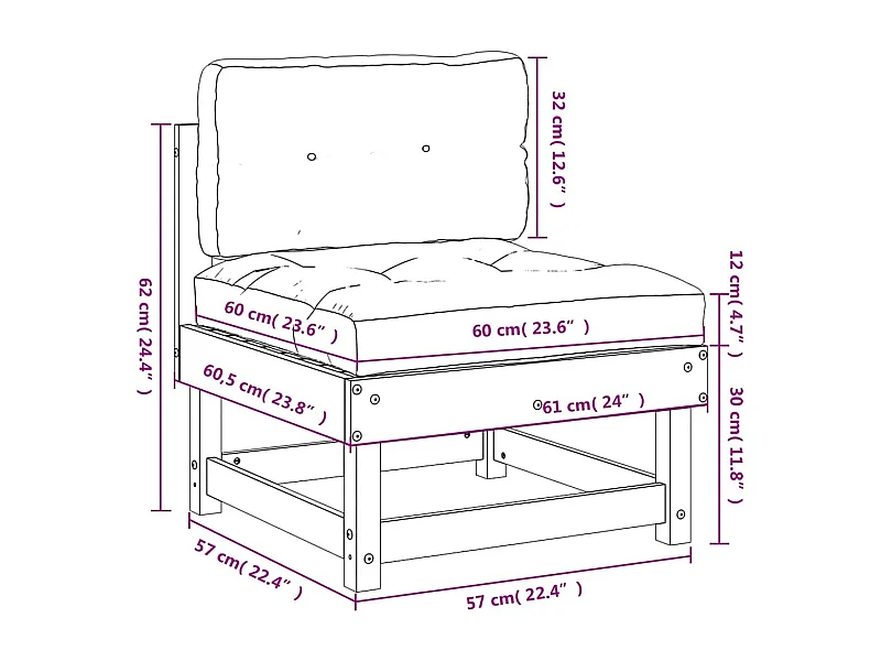 Canapé central avec coussins noir bois de pin massif