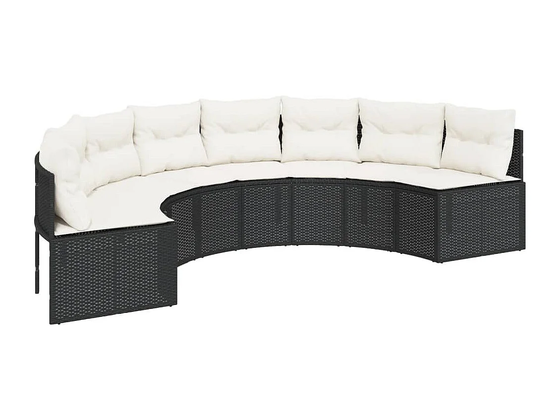 Tuinbank met kussens halfrond poly rattan zwart