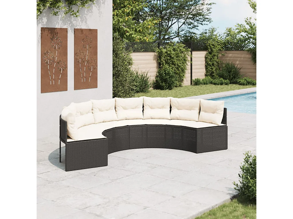 Tuinbank met kussens halfrond poly rattan zwart