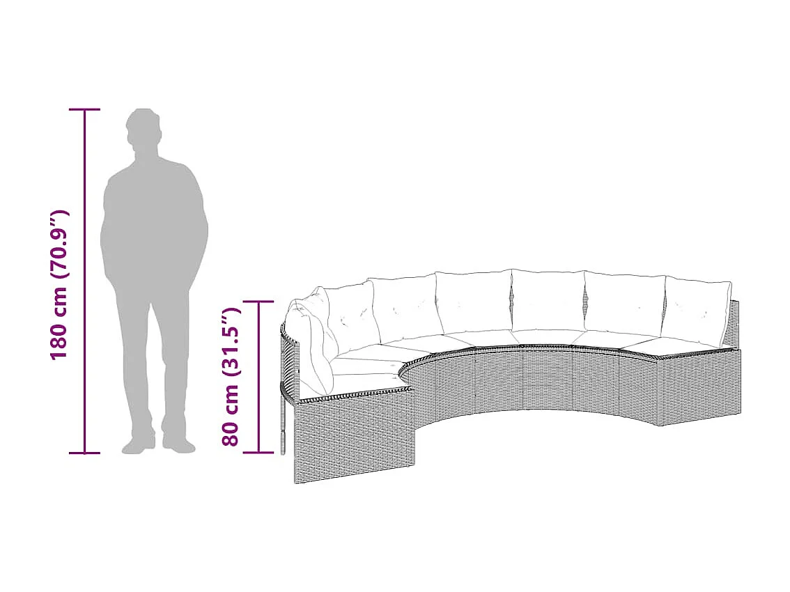 Tuinbank met kussens halfrond poly rattan zwart