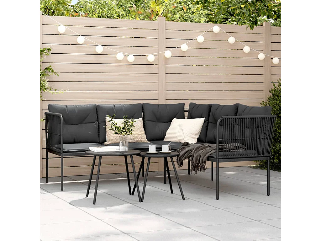 Canapé de jardin avec coussins forme de L noir acier textilène