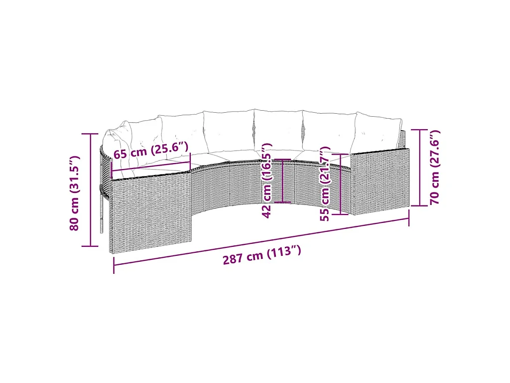 Tuinbank met kussens halfrond poly rattan grijs