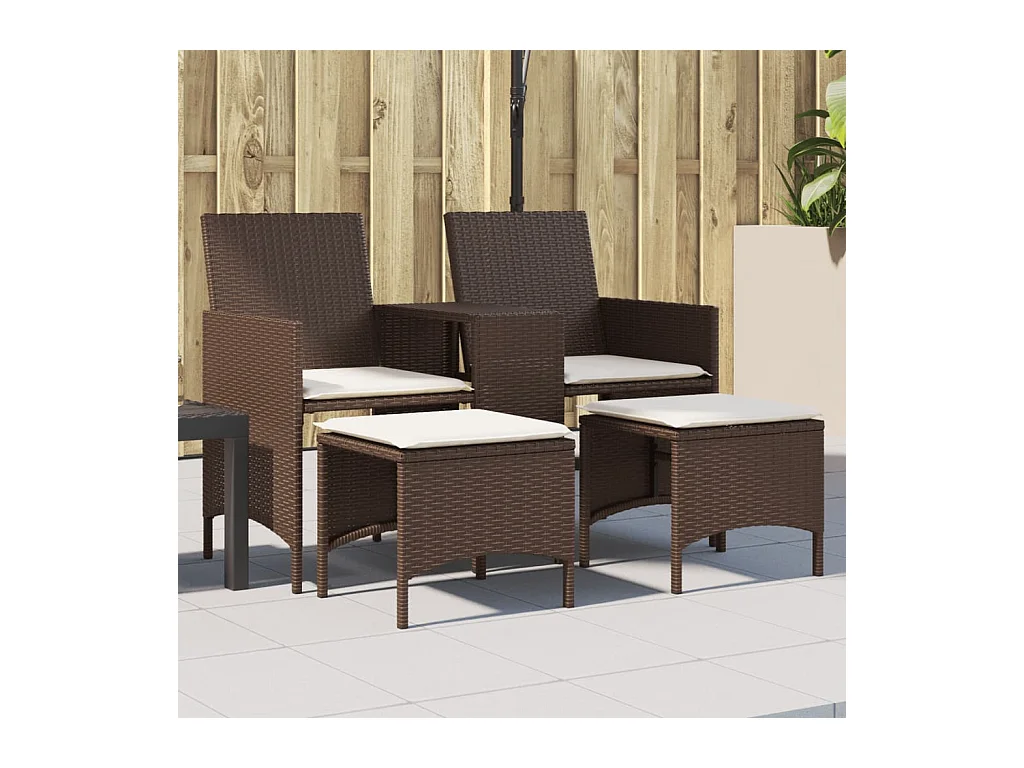 Gartensofa 2-Sitzer mit Tisch und Hockern Braun Poly Rattan