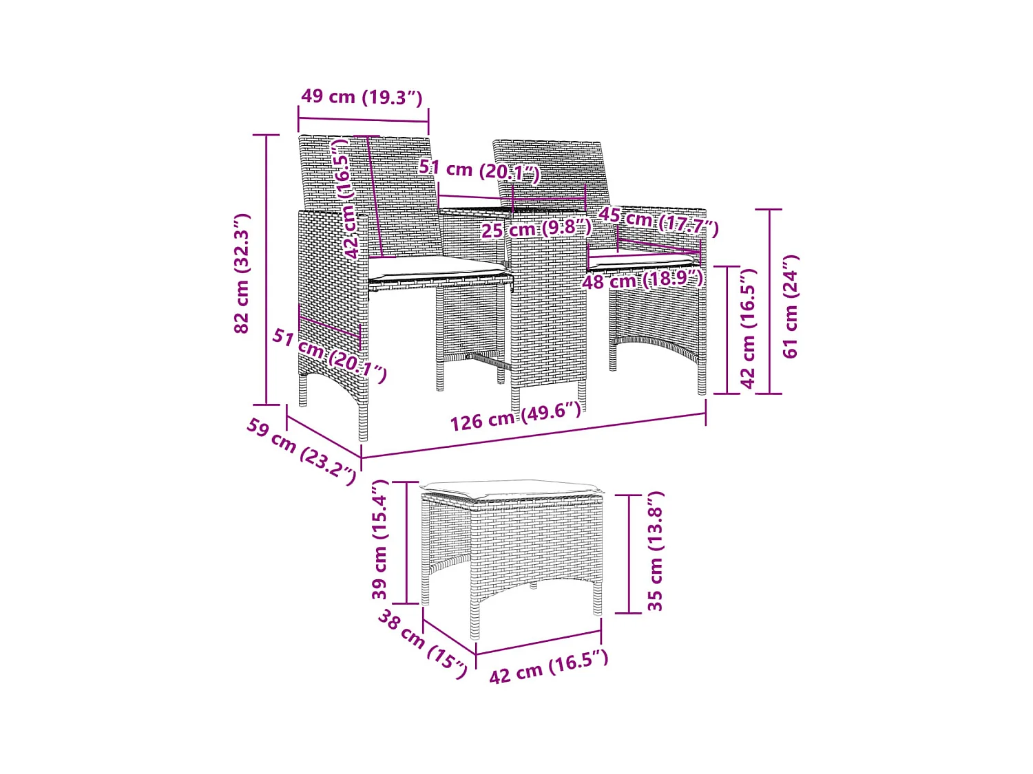 Tuinbank 2-zits met tafel en voetenbanken poly rattan bruin