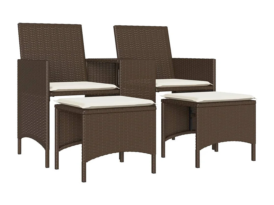 Canapé de jardin 2 places avec table et tabourets marron rotin