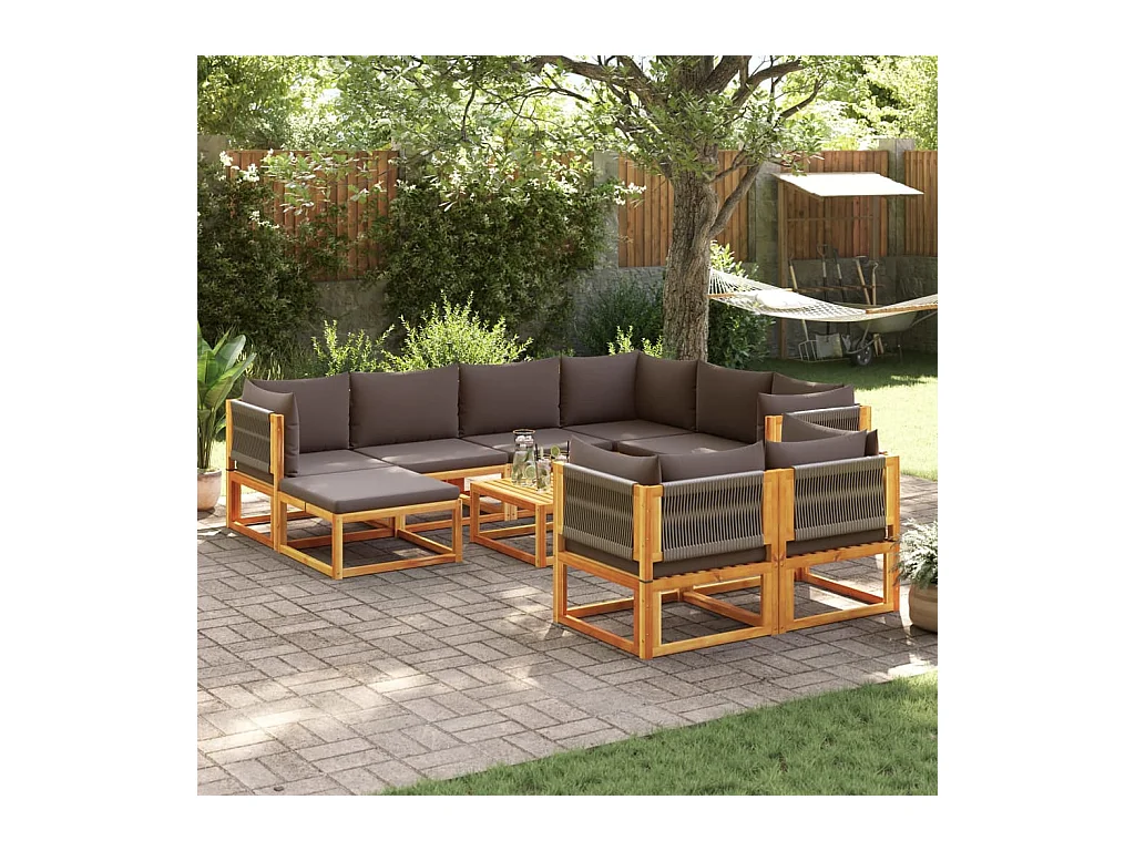 Ensemble de canapés de jardin 10 pièces avec coussins en bois d'acacia et corde