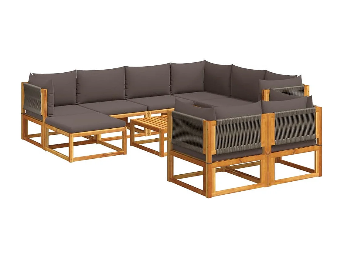 Ensemble de canapés de jardin 10 pièces avec coussins en bois d'acacia et corde