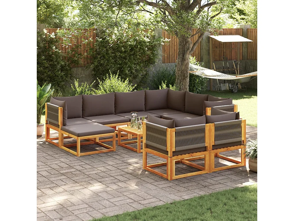 Conjunto de sofás de jardim  de 10 peças com almofadas de madeira de acácia e corda