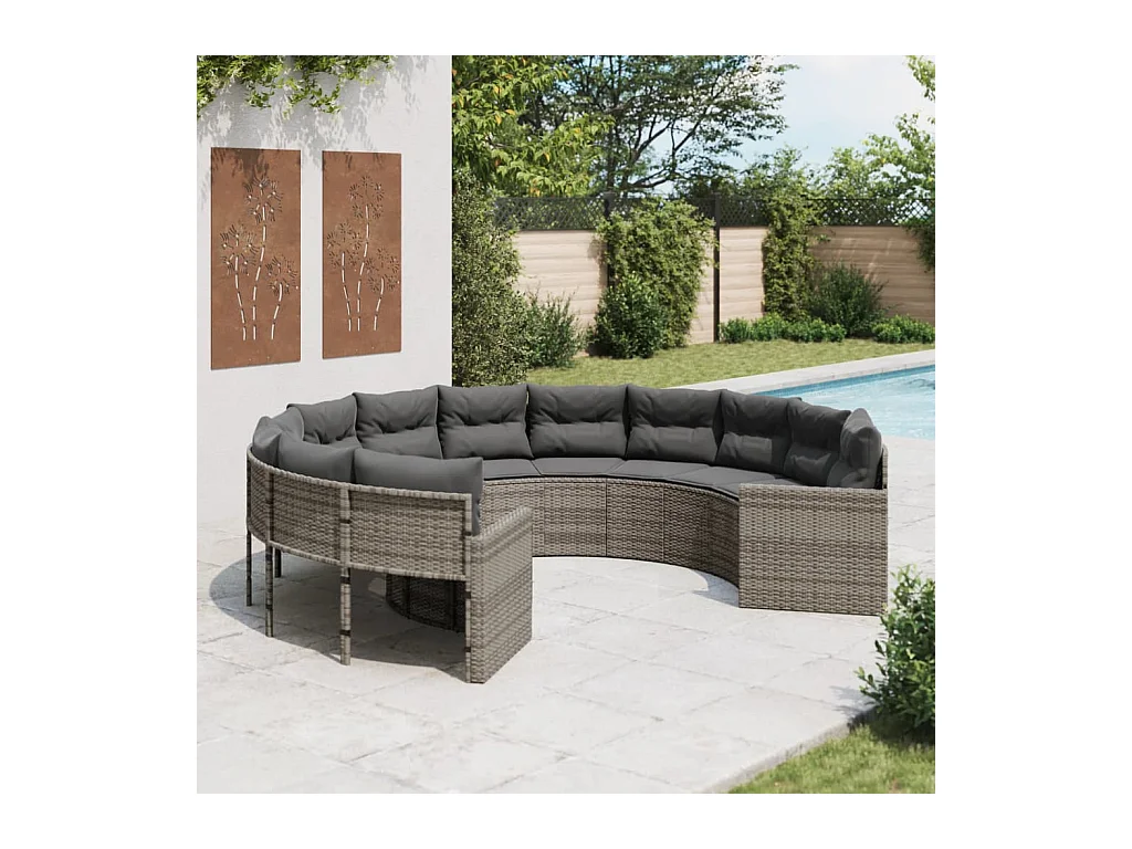 Gartensofa mit Kissen Rund Grau Poly Rattan