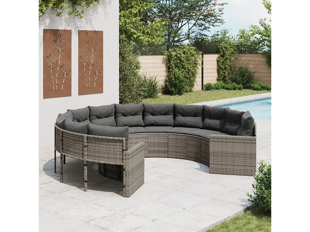 Gartensofa mit Kissen Rund Grau Poly Rattan