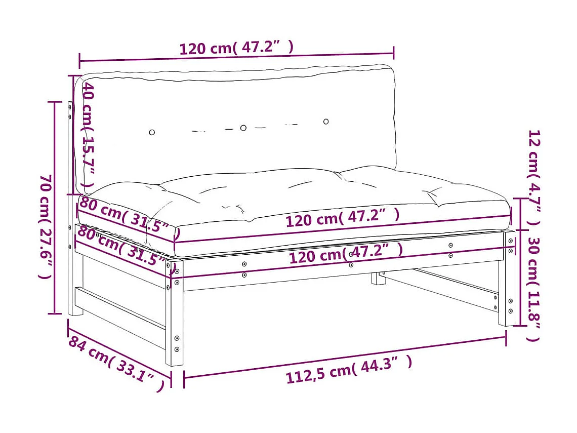 Mittelsofa Grau 120x80 cm Massivholz Kiefer