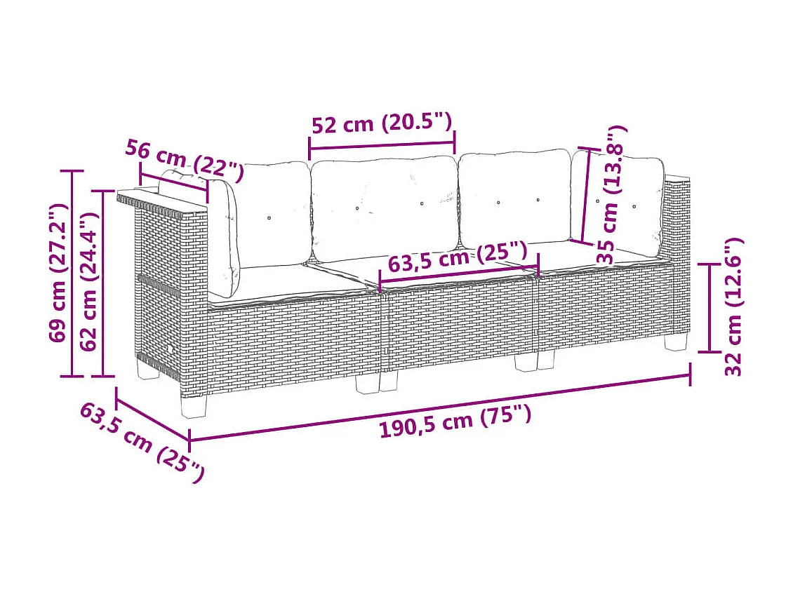 Tuinbank 3-zits met kussens poly rattan zwart