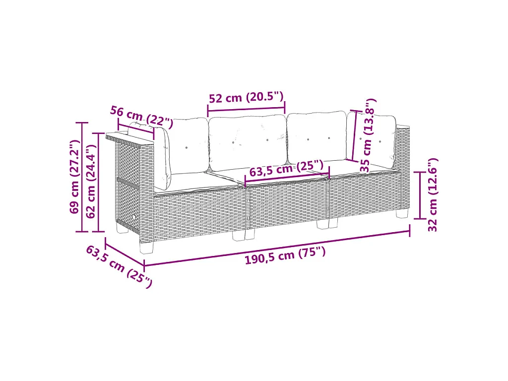 Tuinbank 3-zits met kussens poly rattan zwart