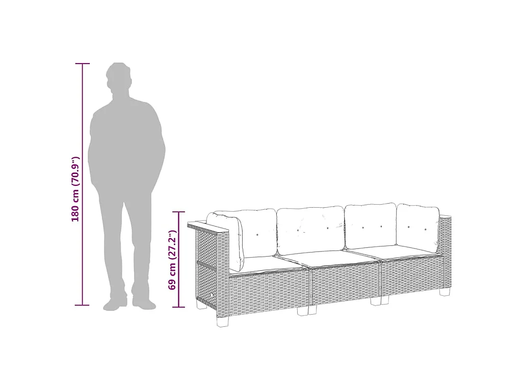 Tuinbank 3-zits met kussens poly rattan zwart