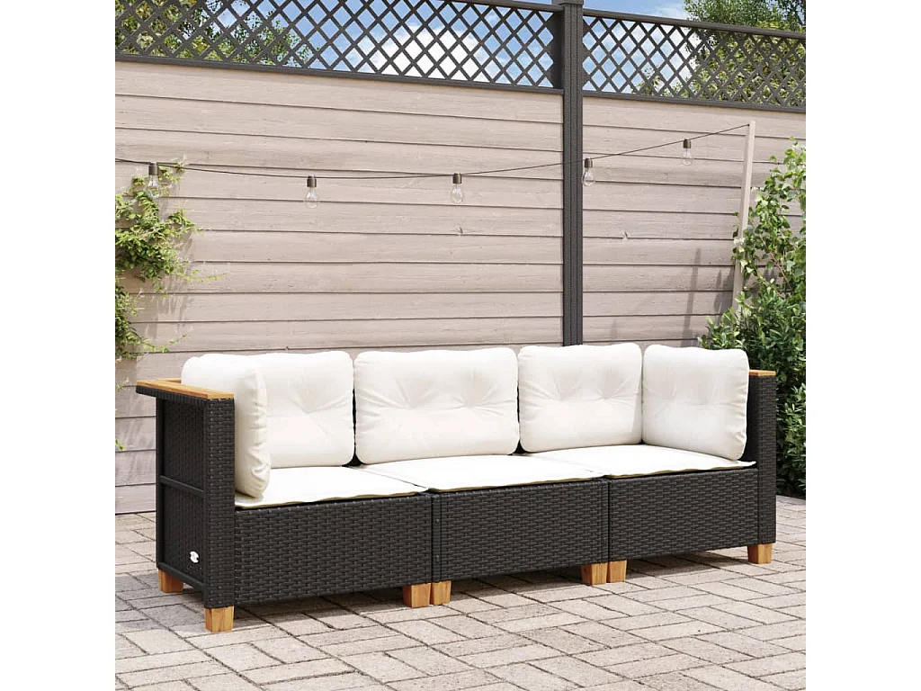 Canapé de jardin avec coussins 3 places noir résine tressée