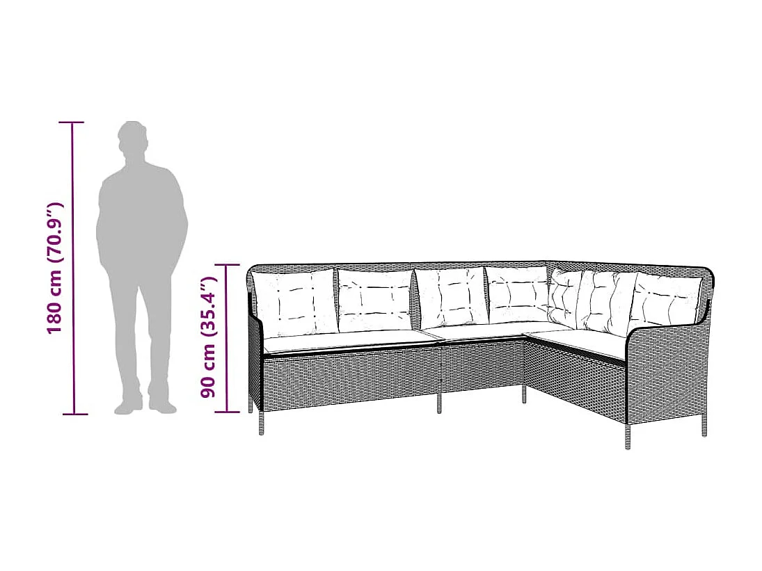 Gartensofa in L-Form mit Kissen Grau Poly Rattan