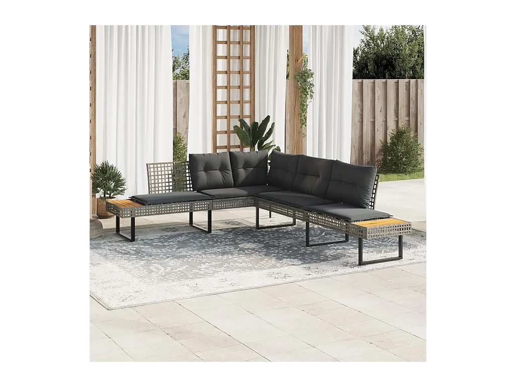 Gartensofa in L-Form mit Kissen Grau Poly Rattan und Akazie