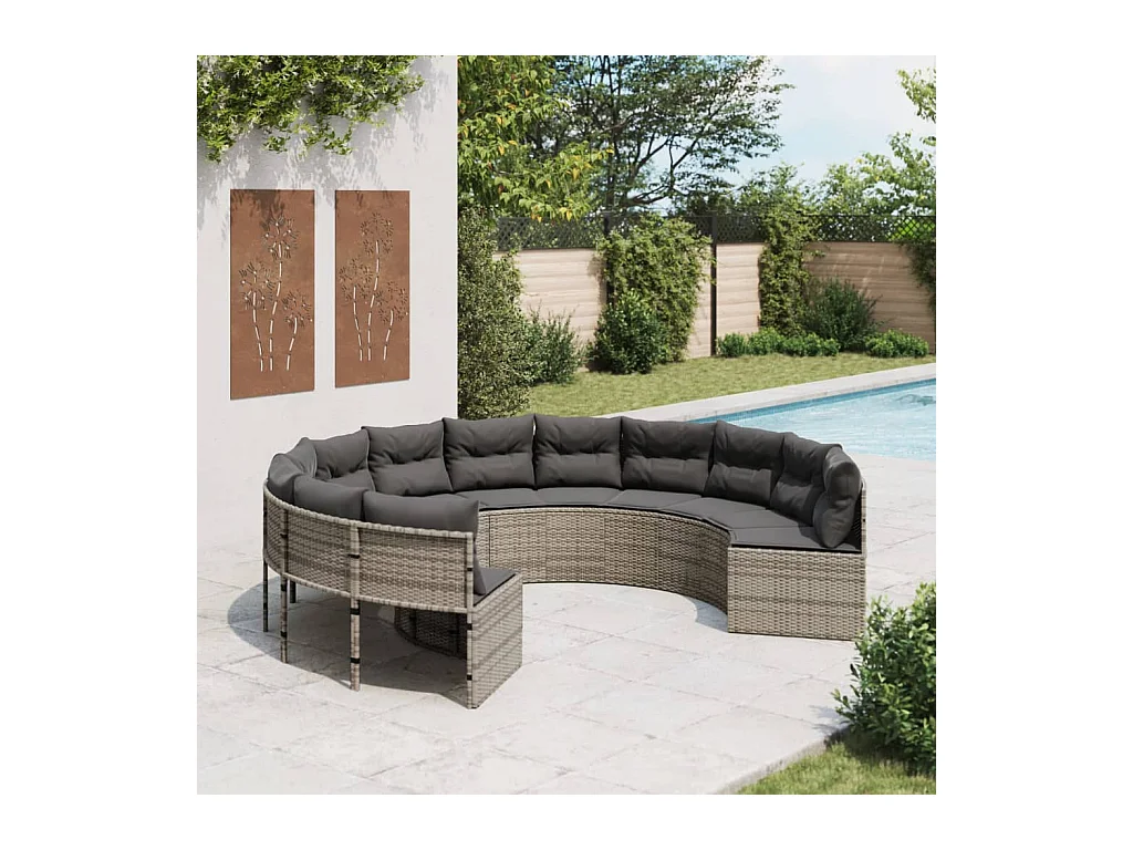 Gartensofa mit Kissen Rund Grau Poly Rattan
