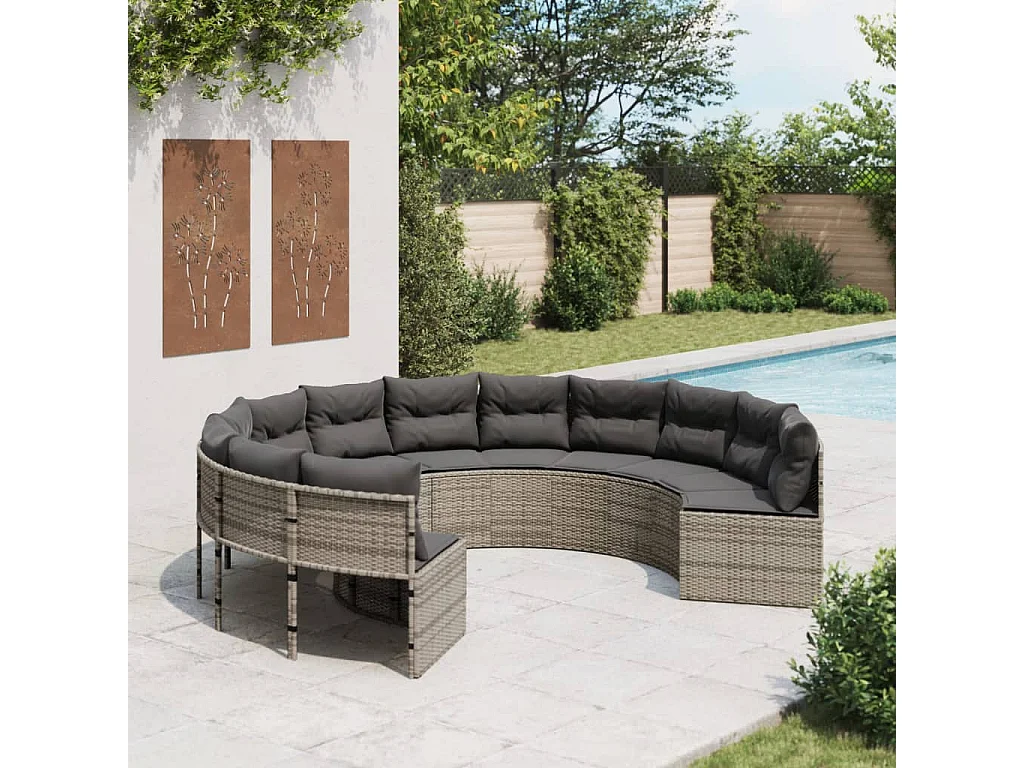 Gartensofa mit Kissen Rund Grau Poly Rattan