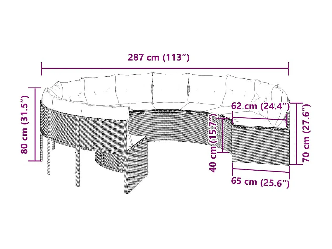 Gartensofa mit Kissen Rund Grau Poly Rattan