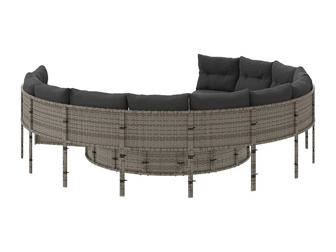 Gartensofa mit Kissen Rund Grau Poly Rattan
