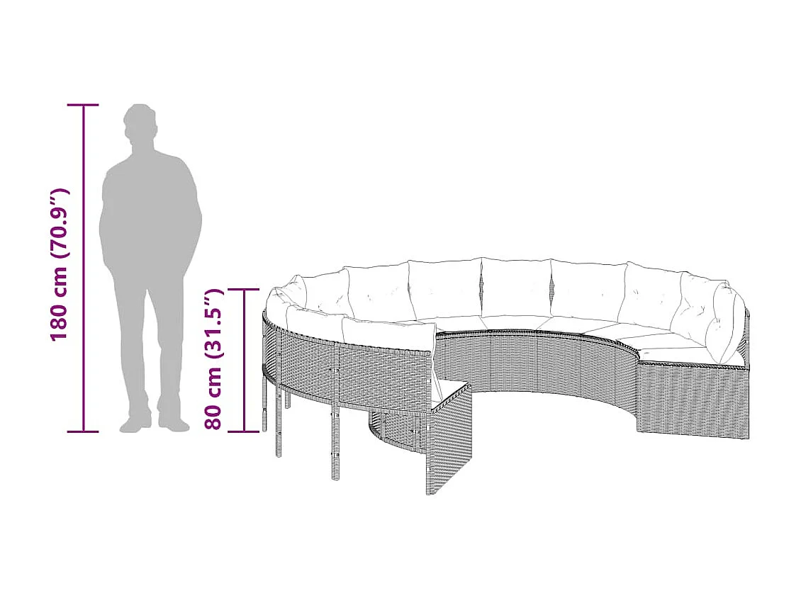 Gartensofa mit Kissen Rund Grau Poly Rattan