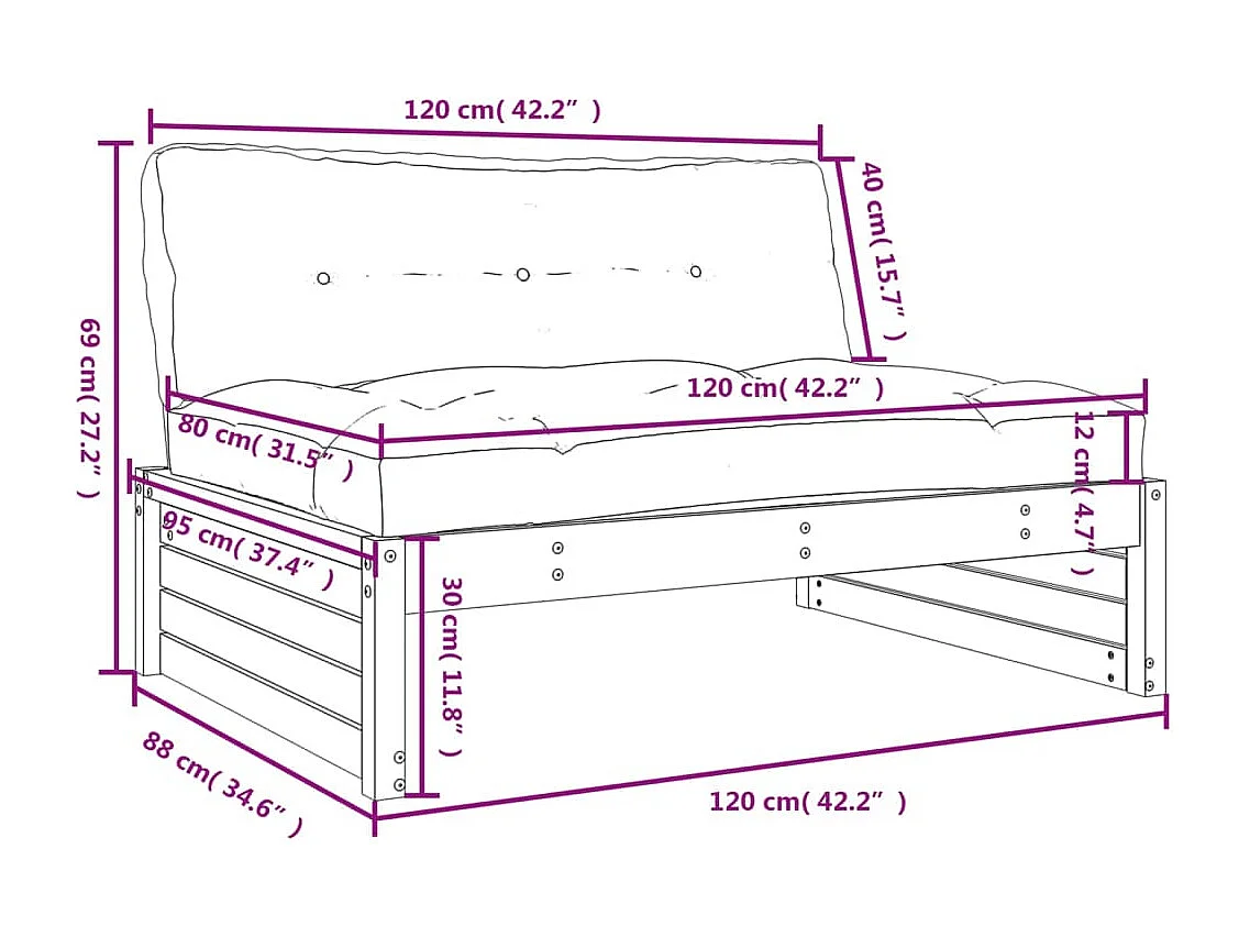 Divano Centrale 120x80 cm in Legno Massello di Douglas