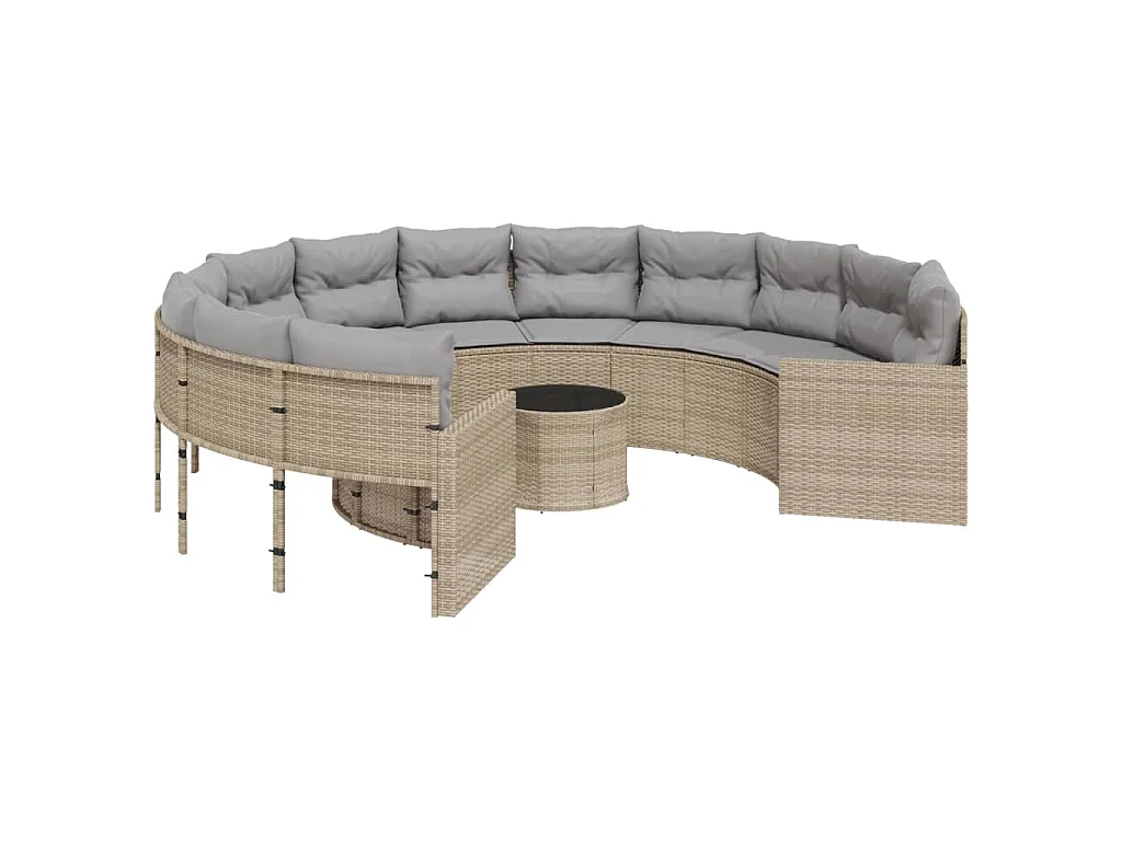 Divano Giardino con Tavolo e Cuscini Circolare Beige Polyrattan