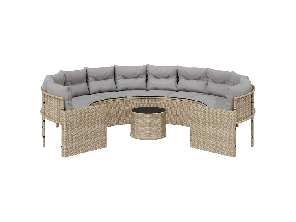 Divano Giardino con Tavolo e Cuscini Circolare Beige Polyrattan