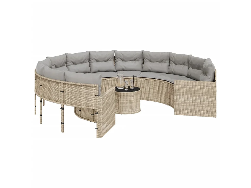 Tuinbank met tafel en kussens rond poly rattan beige