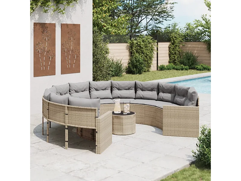 Canapé de jardin avec table coussins rond beige résine tressée