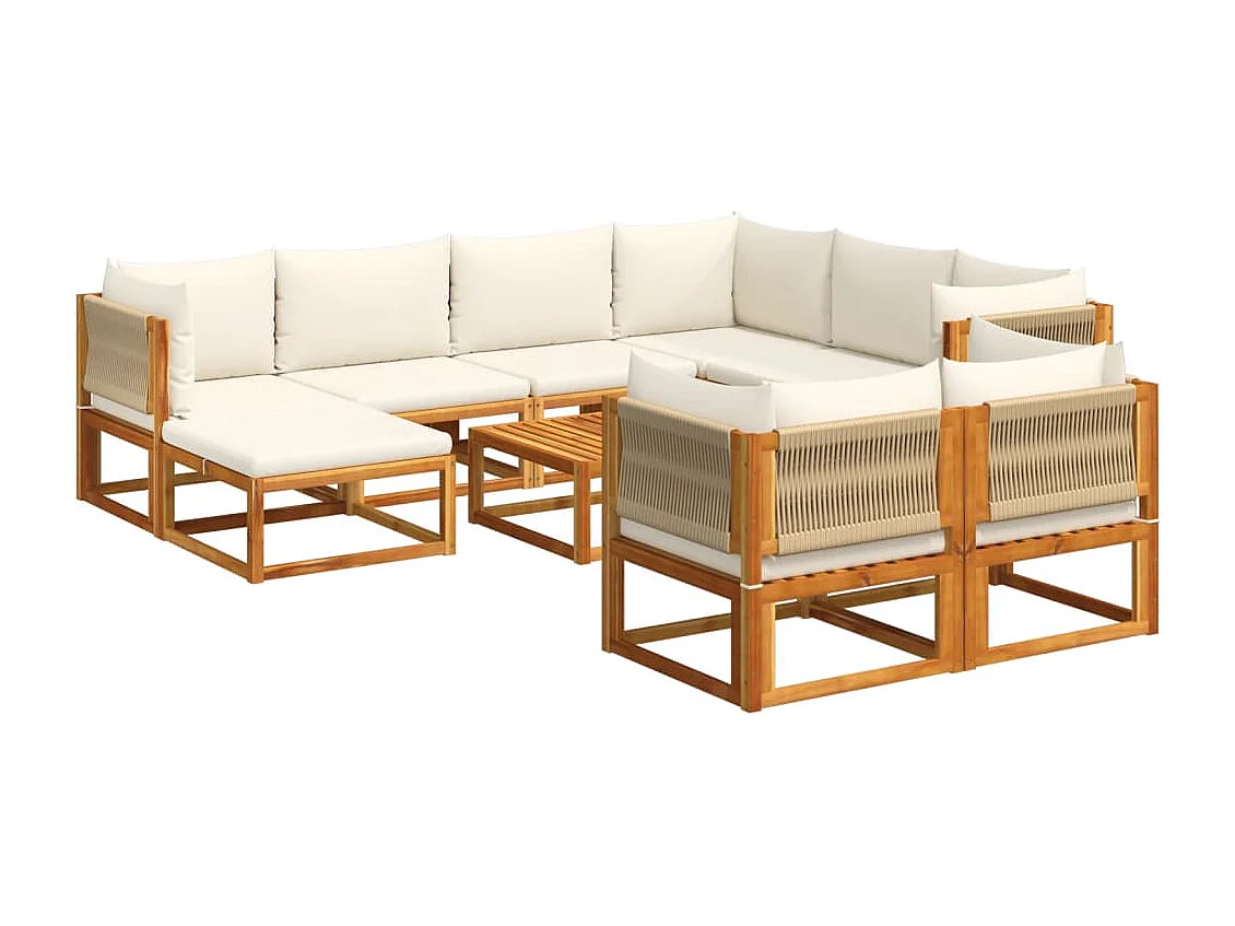 Ensemble de canapés de jardin 10 pièces avec coussins en bois d'acacia et corde