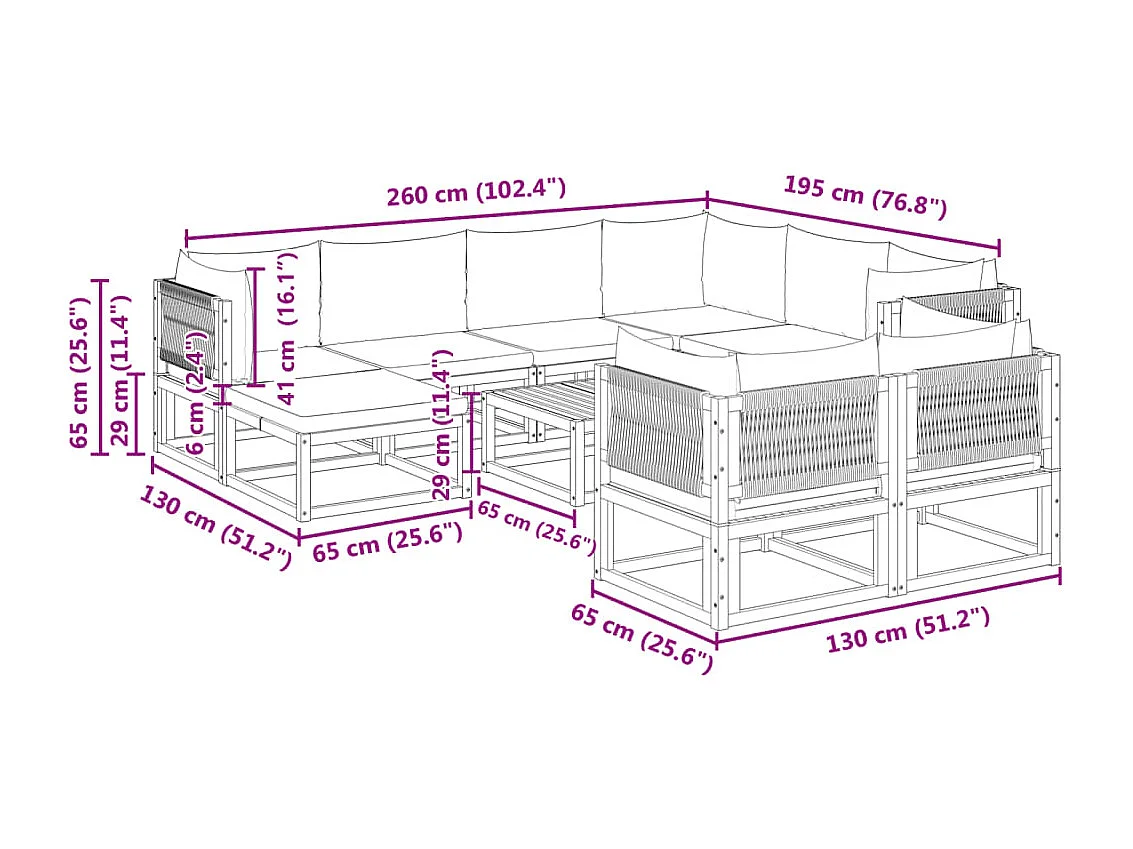 Ensemble de canapés de jardin 10 pièces avec coussins en bois d'acacia et corde