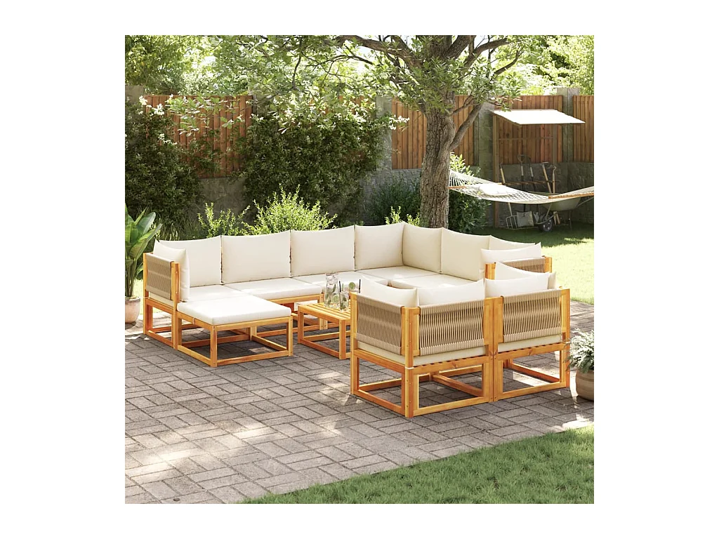 Ensemble de canapés de jardin 10 pièces avec coussins en bois d'acacia et corde