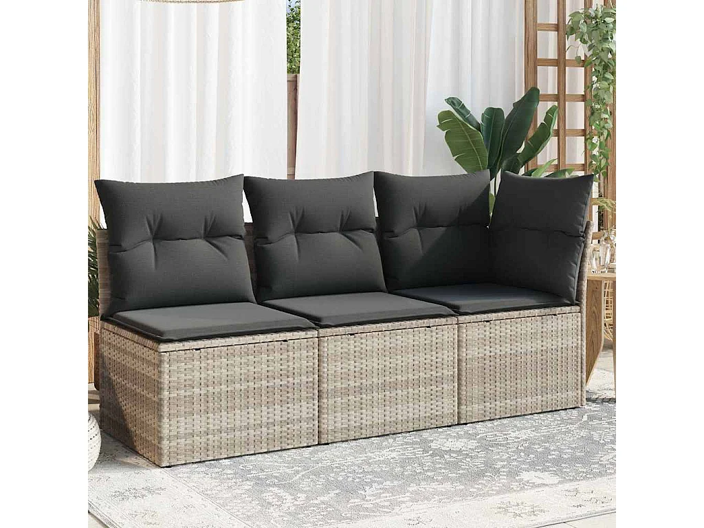 Tuinbank 3-zits met kussens poly rattan lichtgrijs