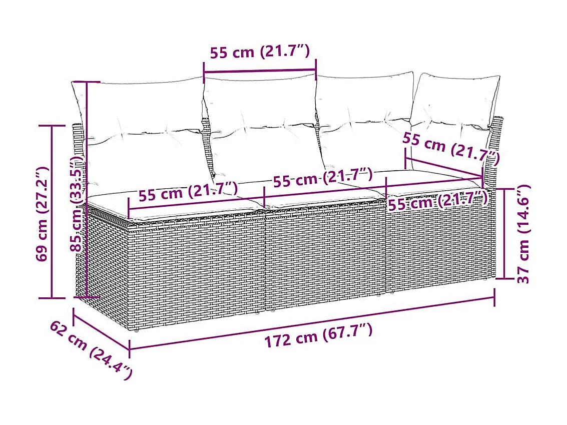 Tuinbank 3-zits met kussens poly rattan lichtgrijs