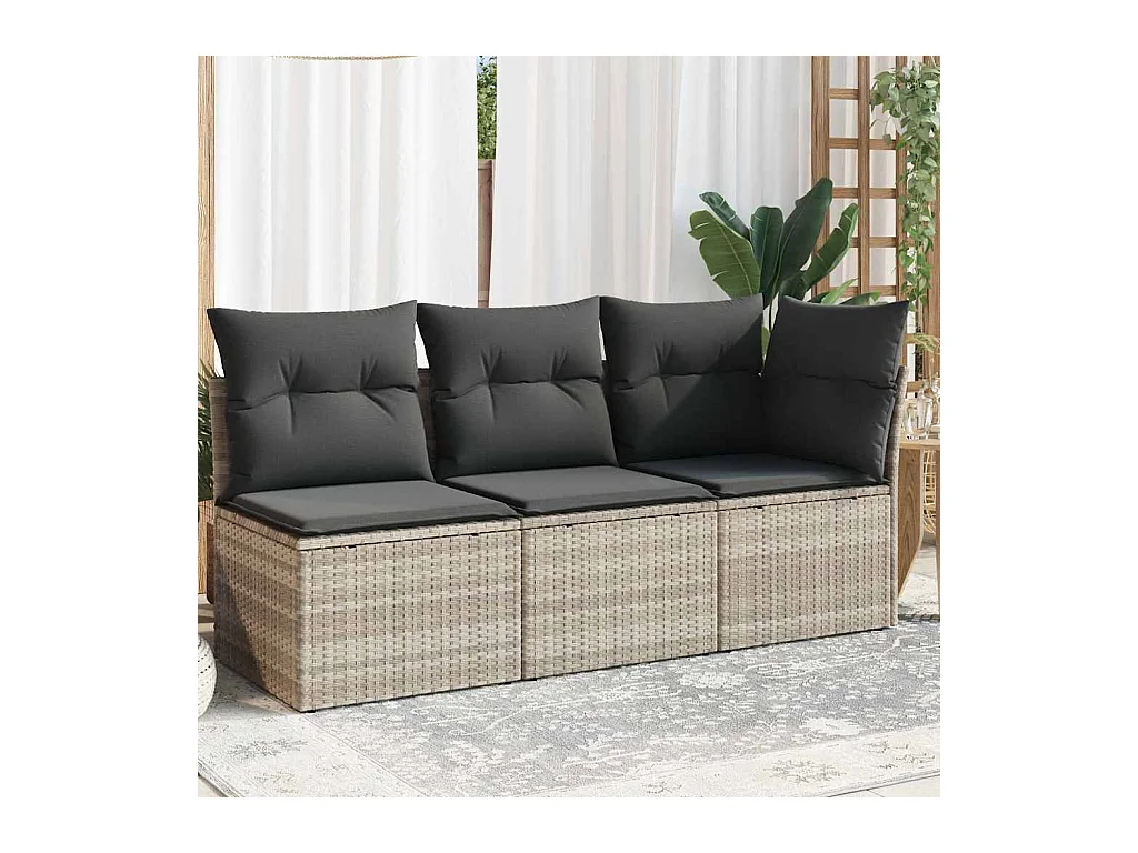 Gartensofa mit Kissen 3-Sitzer Hellgrau Poly Rattan