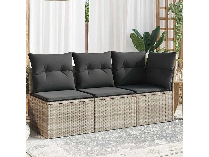 Canapé de jardin et coussins 3 places gris clair résine tressée