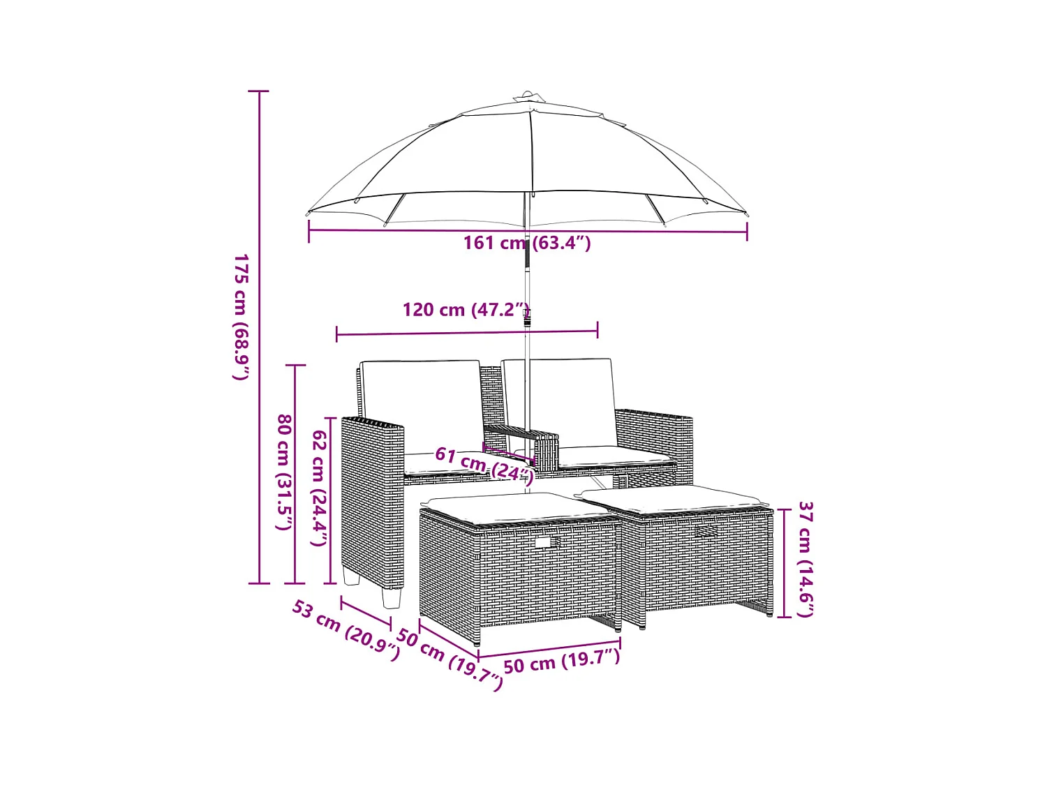 Canapé de jardin 2 places avec parasol et tabourets beige rotin