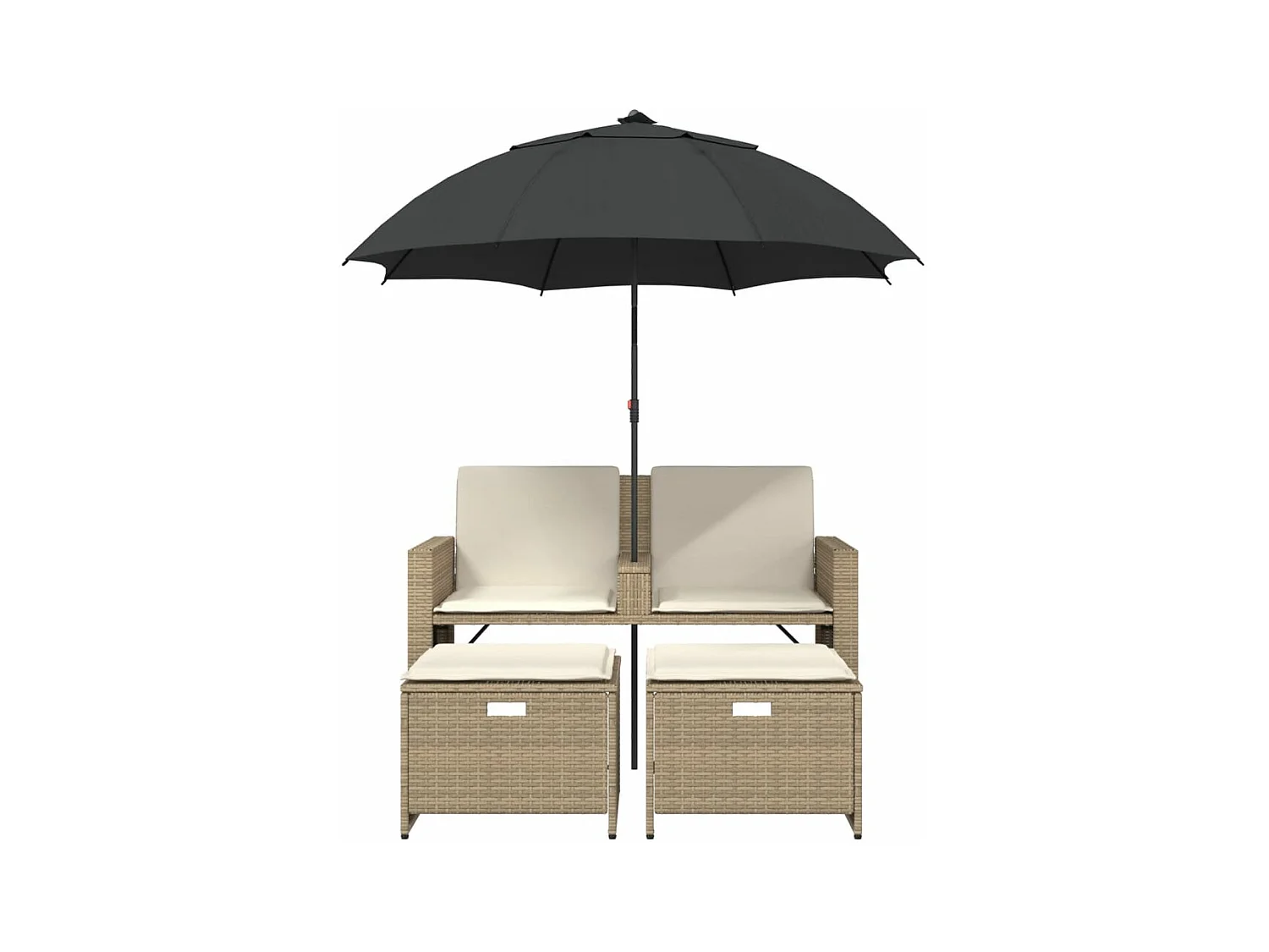 Canapé de jardin 2 places avec parasol et tabourets beige rotin
