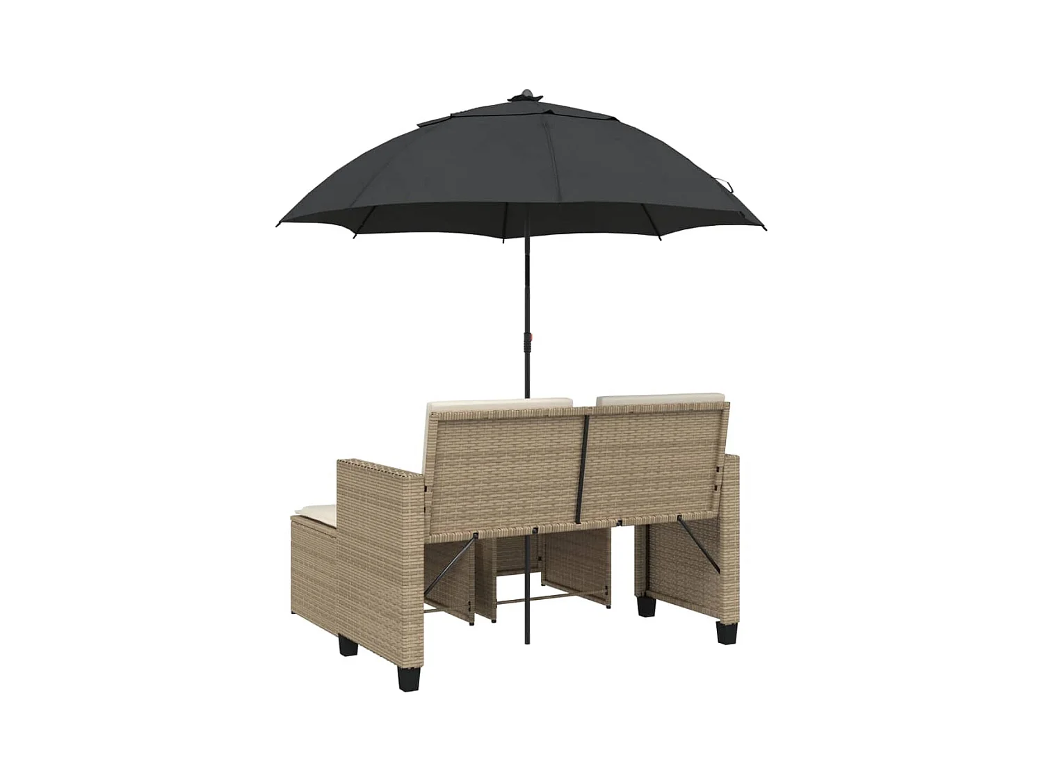 Canapé de jardin 2 places avec parasol et tabourets beige rotin