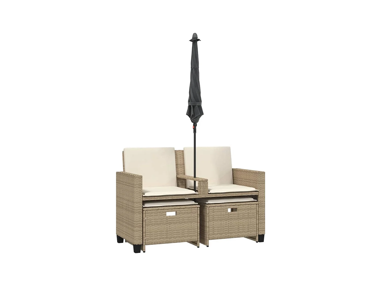 Canapé de jardin 2 places avec parasol et tabourets beige rotin