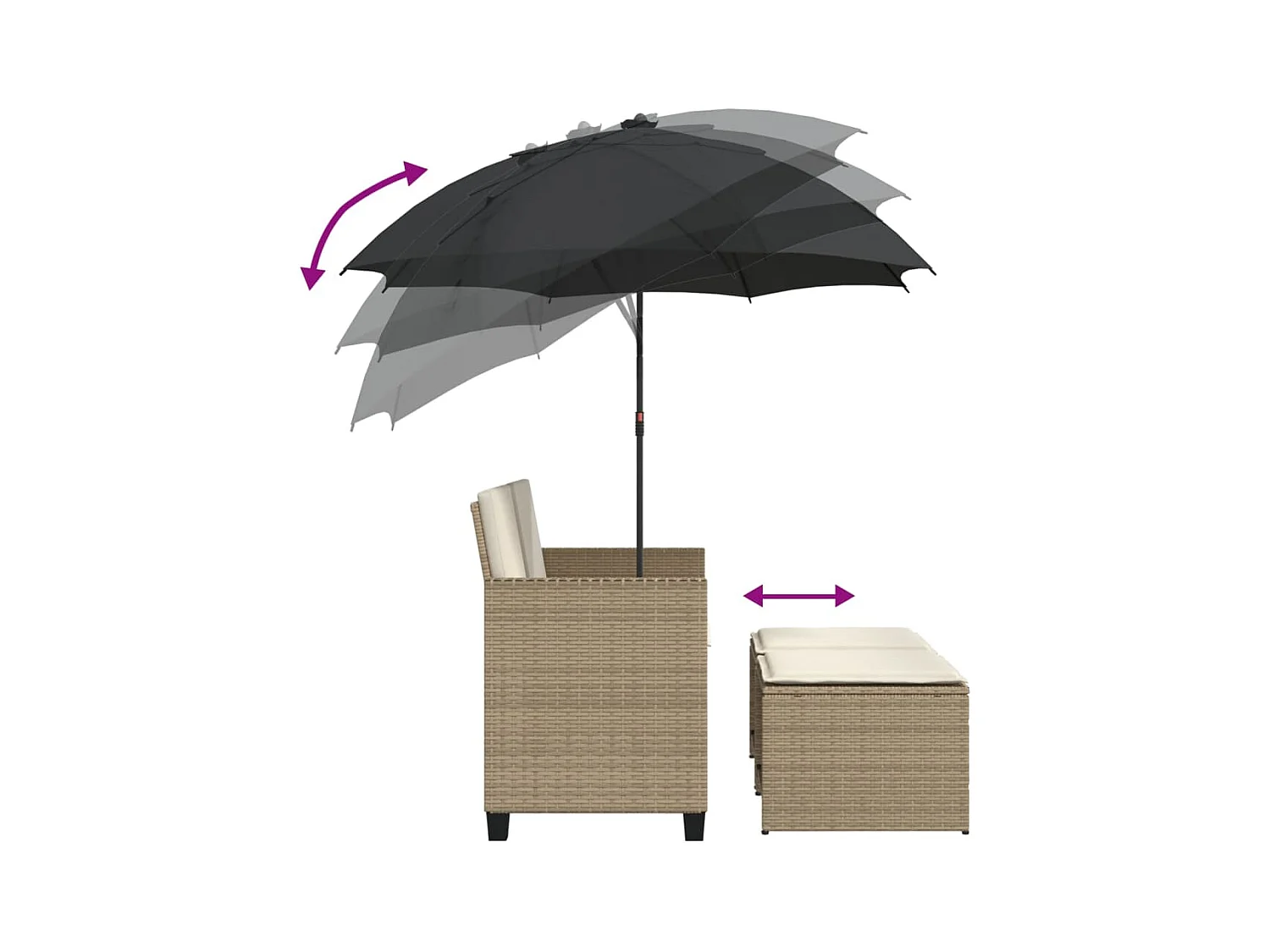 Canapé de jardin 2 places avec parasol et tabourets beige rotin