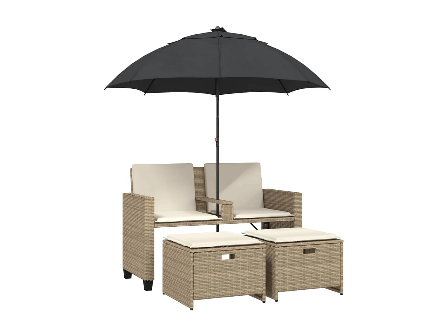 Gartensofa 2-Sitzer Sonnenschirm und Hocker Beige Poly-Rattan