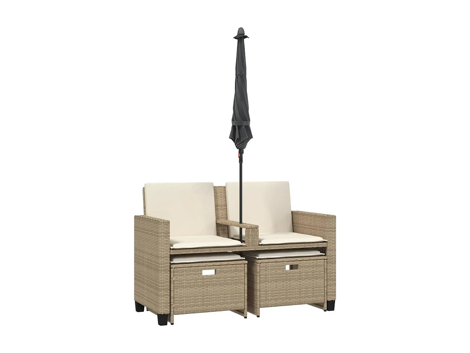 Gartensofa 2-Sitzer Sonnenschirm und Hocker Beige Poly-Rattan