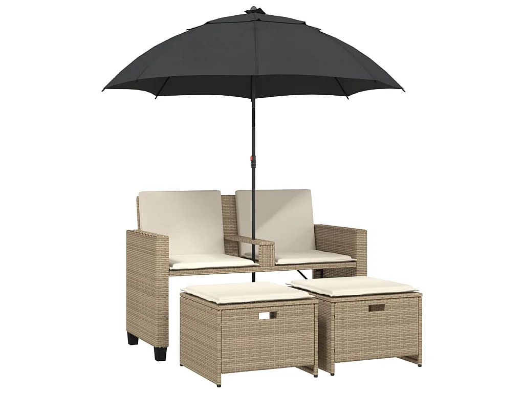 Tuinbank 2-zits met parasol en voetenbanken poly rattan beige