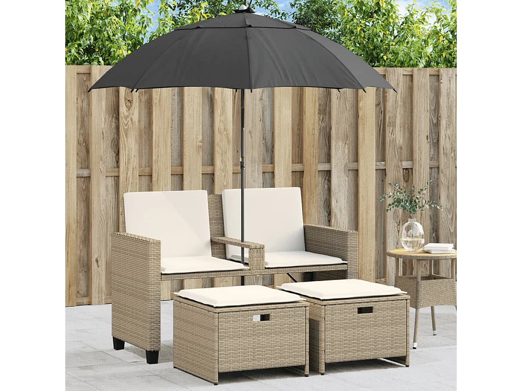 Tuinbank 2-zits met parasol en voetenbanken poly rattan beige